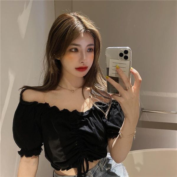 

women's t-shirt bubble sleeve off shoulder drawstring summer short versatile, White