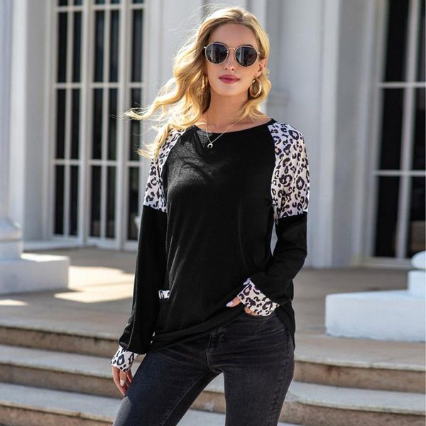 

women's blouses & shirts long sleeve blouse with pocket office lady leopard stitching women elegant round neck pullover casual blusas, White