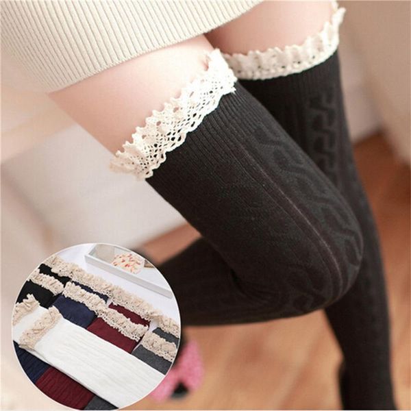 

autumn winter women knee socks twist girl lace over warm tube stocking female stocks sports, Black