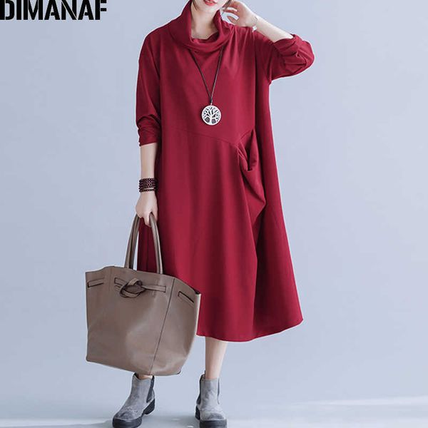 

plus size women dress winter turtleneck casual style loose lady vestidos solid spliced pockets female clothing red 210531, Black;gray