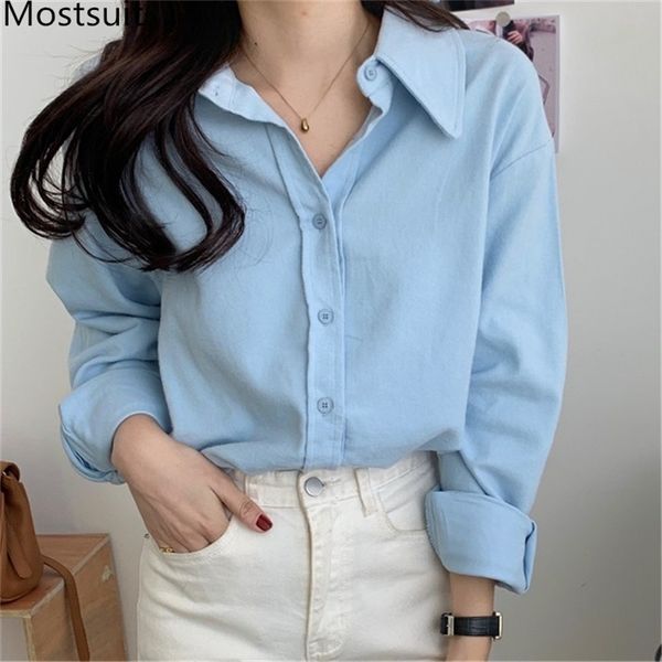 

spring warm korean casual women shirts long sleeve turn-down collar solid fashion loose blouses blusas mujer 210513, White
