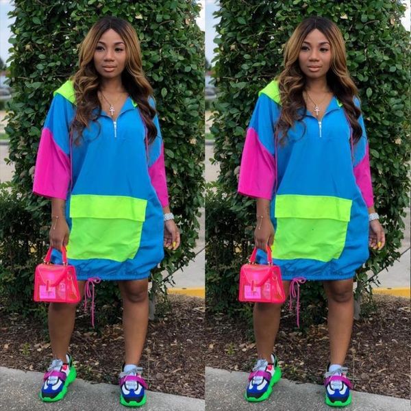 

casual dress neon green women sleepwear loose hoodies bodycon three quarter sleeve big pocket hip dresses streetwear, Black;red