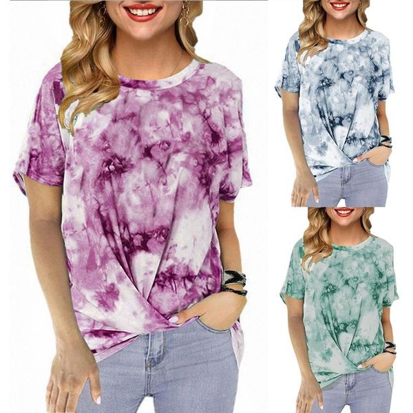

women's t-shirt women short sleeve tie dye printed knot twist, White