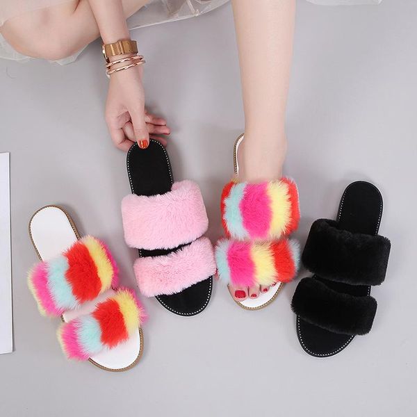 

summer fashion casual women's shoes personalized rainbow color plush flat slippers round toe, Black