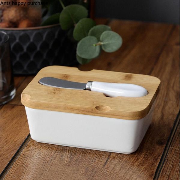

dishes & plates rectangular salad bowl cheese box decorative plate ceramic butter wooden cover knife kitchen snack