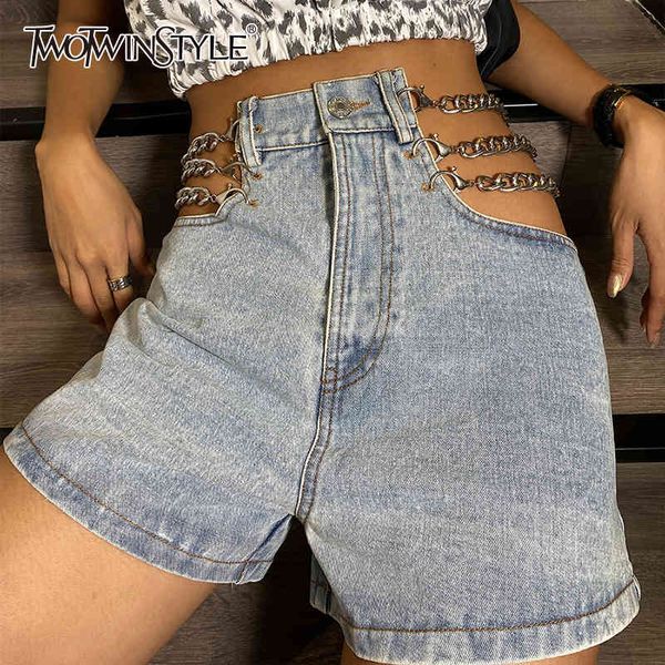 

patchwork chain denim short for women high waist hollow out casual denim shorts female fashion new summer tide 210428, White;black