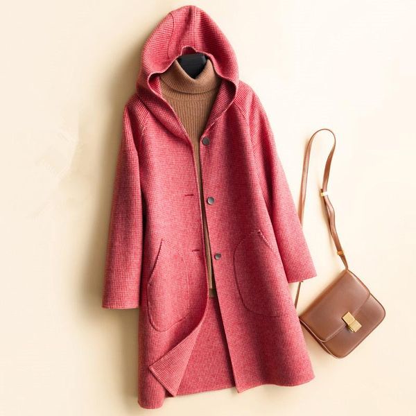 

women's wool & blends autumn winter fashion slim mid long hooded double sided plaid coat women outwear houndstooth big pocket jacket fe, Black