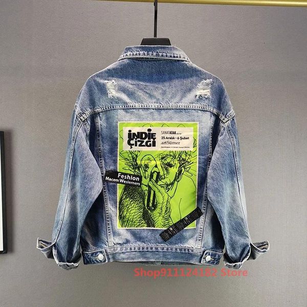 

european station blue ripped denim jacket female tide 2021 spring and autumn loose thin all-match patch women's jackets, Black;brown