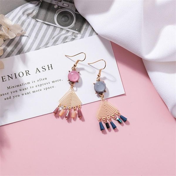 

sweet fashion pink blue fan-shaped crystal ear hooks japanese korean retro temperament long tassel earrings women jewelry dangle & chandelie, Silver