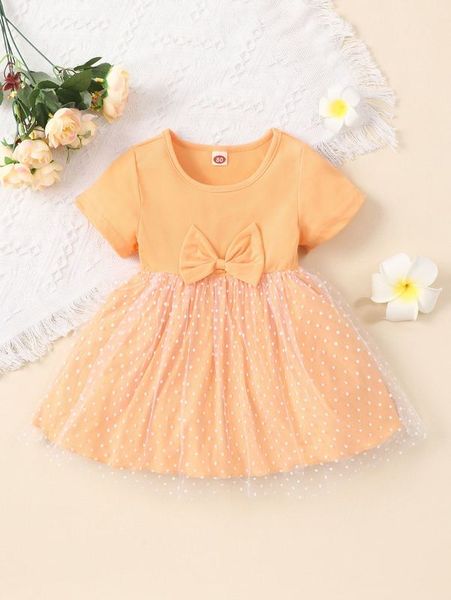 

baby bow front contrast dobby mesh dress she, Red;yellow