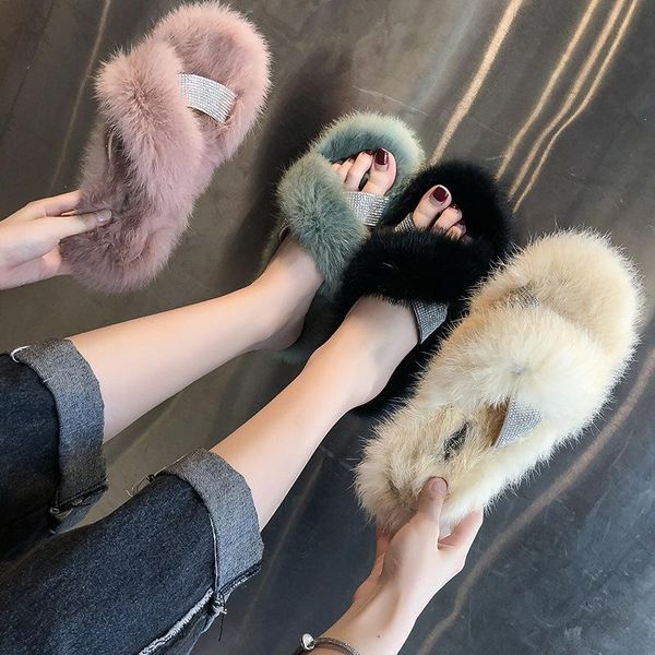 

slippers bling crystal cross band fur lady winter home furry mules slides warm thick-sole flipflops outside women flat shoes, Black