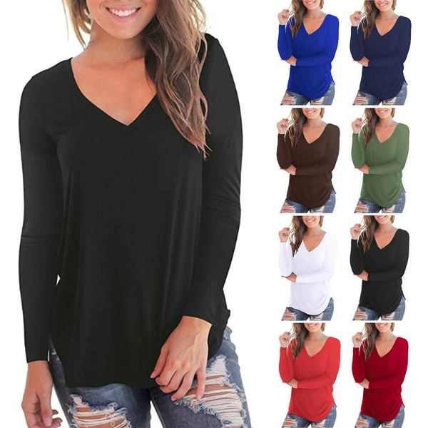 

women's solid color base shirt new v-neck long sleeve women's t-shirt, Tan;black