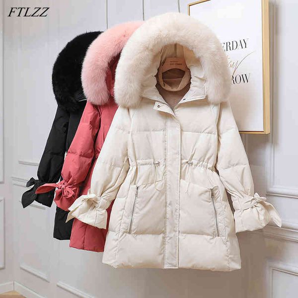 

winter elegant women 90% white duck down coat real natural fur hooded long jacket casual loose thick warm snow outwear 210423, Black