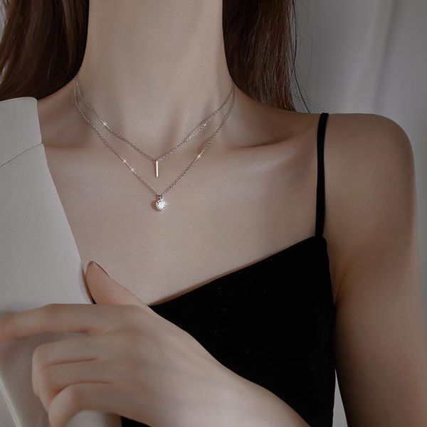 

chains a word zircon double chain necklace 2021 female contracted design feeling clavicle, Silver