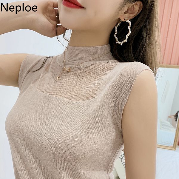 

neploe womens knit sleeveless half turtleneck tank summer hollow out camis korean fashion temperament tees female 210422, White