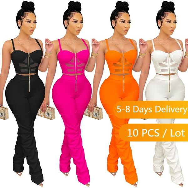 

women's two piece pants bulk items wholesale lots women suits streetwear bodycon set patchwork tank crop and stacked, White