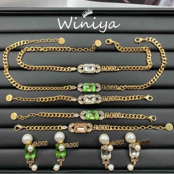 

luxury designer fashion necklace d / di family letter square color diamond net red same bracelet earrings set female, Red;brown