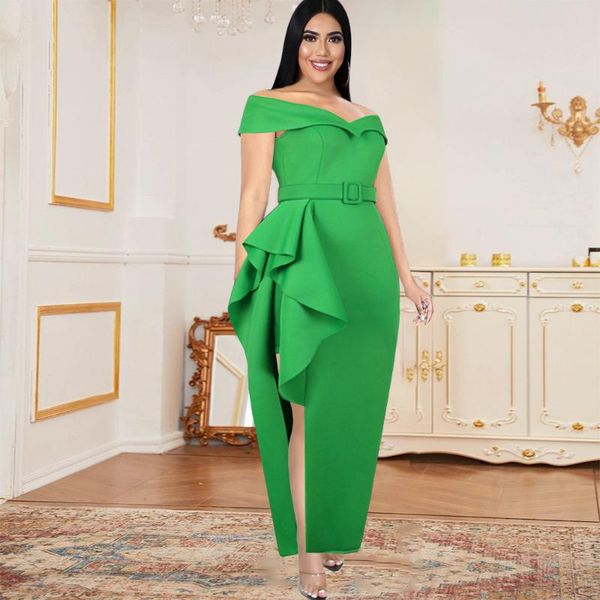 

casual dresses off shoulder slash neck sleeveless ruffles with waist belt green dress party women evening elegant long maxi, Black;gray