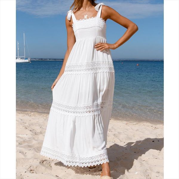 

beach white summer lace women dresses splicing sleeveless long strap suspender sundress vestidos, Black;gray