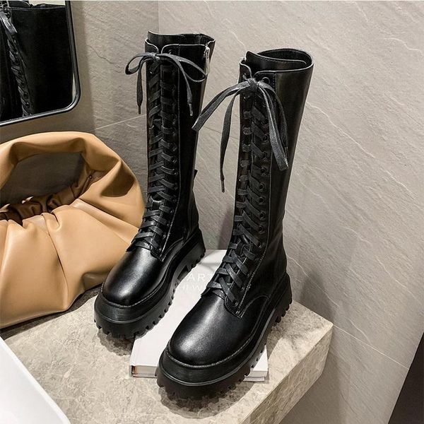 

boots chunky platform pu leather knee high women punk height increasing long woman lace up booties mujer 2021, Black