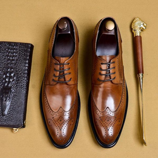 

dress shoes mens genuine leather brogues office oxford men wedding luxury pointed toe zapatos italianos hombre a48, Black