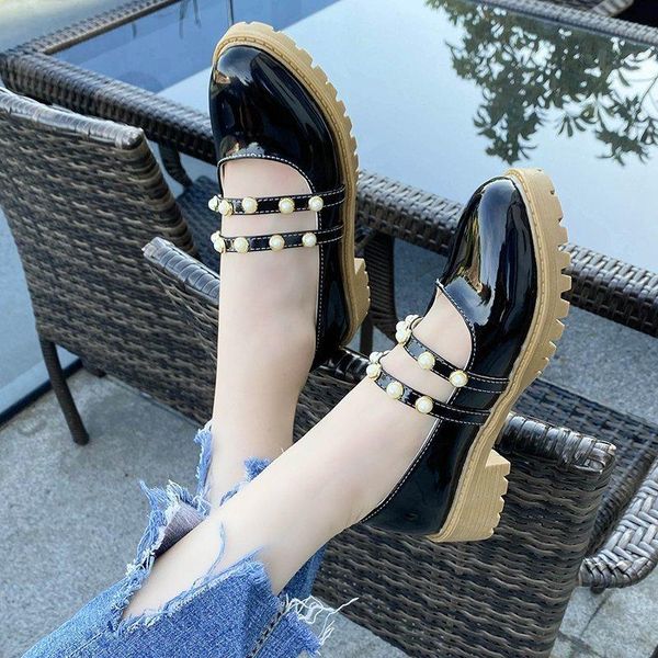 

dress shoes 2021 fashion spring low heel female round head square rubber bottom casual pearl thick d1274, Black