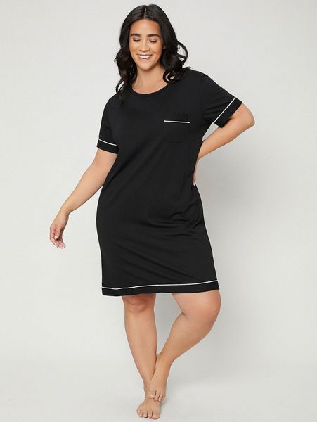 

plus contrast piping night dress g0dn#, Black;white