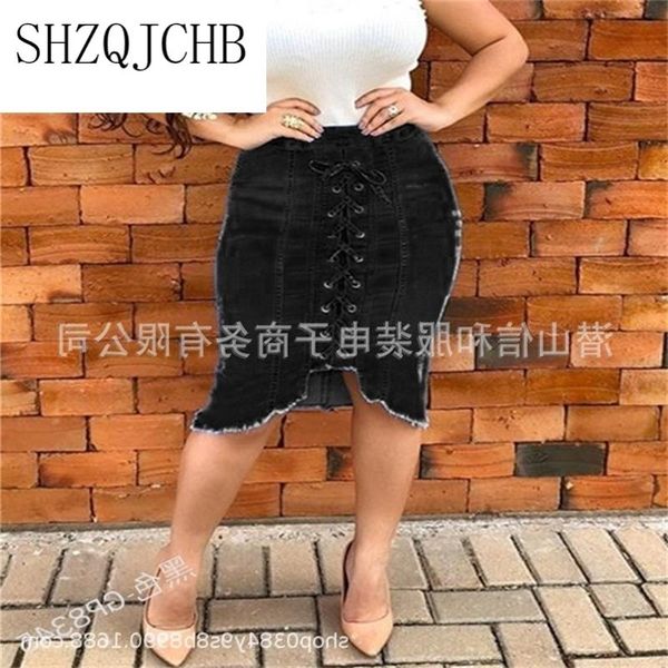 

women ripped denim midi skirt distressed high waist cross strap bodycon pencil skirts women's leggings, Black
