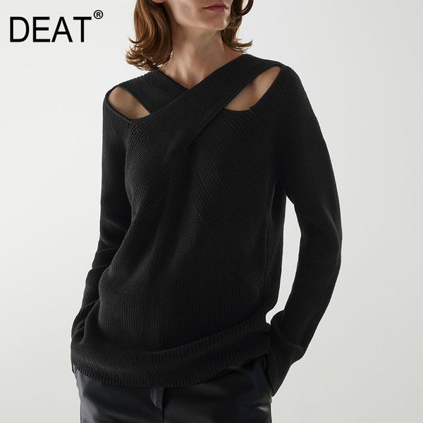 

autumn and winter fashion long sleeve hollow out black sweater women off shoulder knitted shirt bottom sf939 210421, White;black