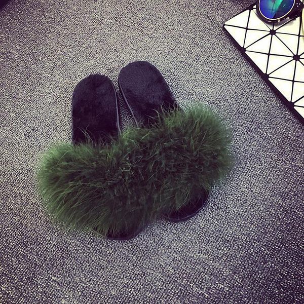 

charming 4 color ostrich hair slippers fur furry slide flip flops women home female sweet fenty indoor soft comfotable, Black