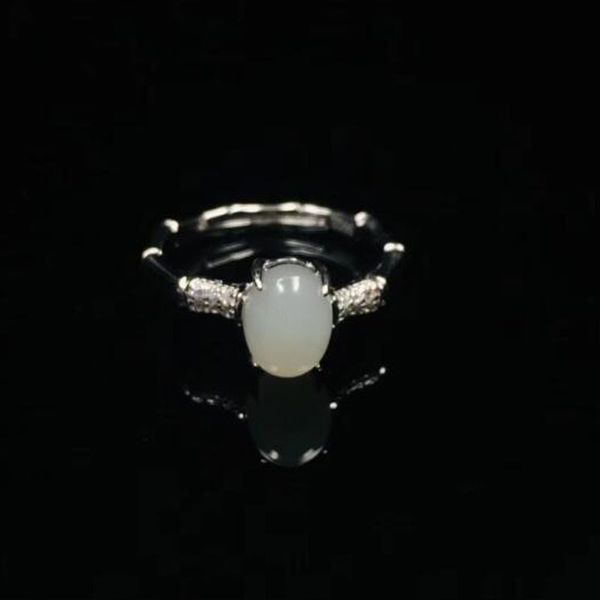 

original design natural hetian white jade a oval inlaid zircon ring 925 silver rings for women fine jewelry, Black;brown