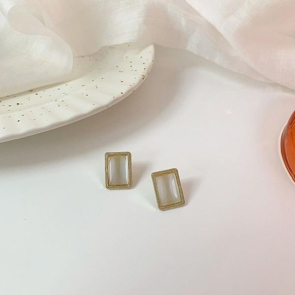 

stud u-magical temperament square geometric opal earring for women textured gold color metal wedding jewelry accessories, Golden;silver