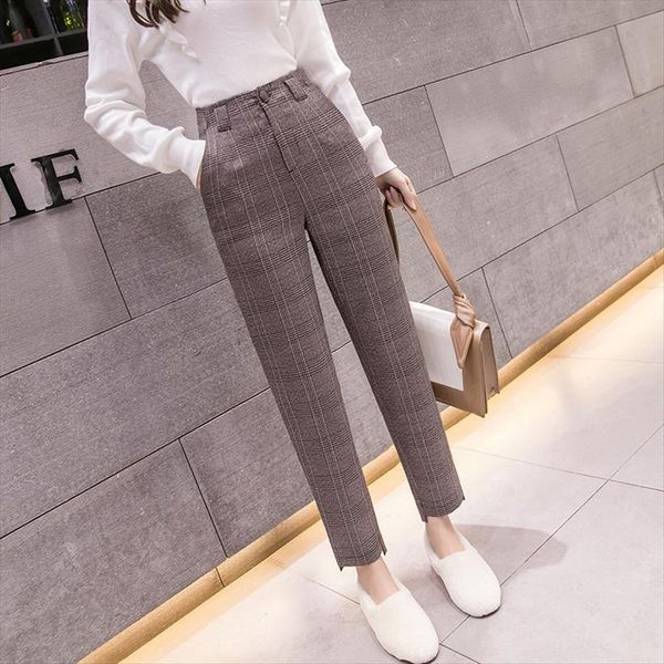 

s 2xl autumn winter plaid women capri wool harem ankle length high waisted plus trousers, Black;white