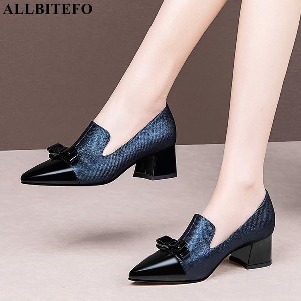 

dress shoes allbitefo sweet bowtie genuine leather thick heels party women brand high heel shoes/spring size:34-42, Black