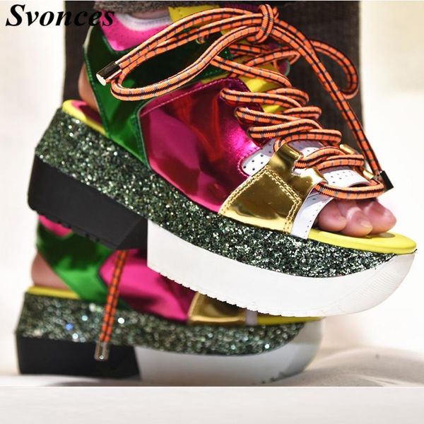 

summer real leather mixed color casual shoes women platform sandals bling sequins thick bottoms lace up gladiator flats, Black