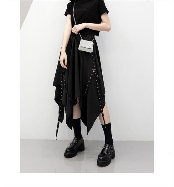 

long irregular girls dark womens skirt tie street punk wind weave buckle medium length y2k gothic, Black
