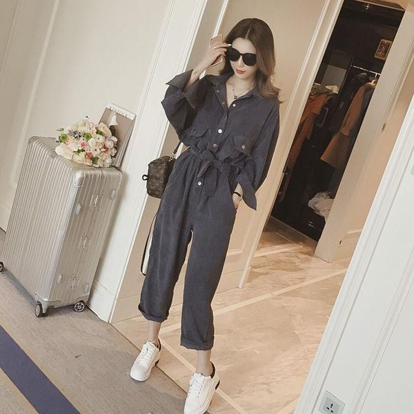 

women's jumpsuits & rompers spring autumn women long sleeve lapel high waist corduroy lace up bow jumpsuit overalls solid lady romper a, Black;white
