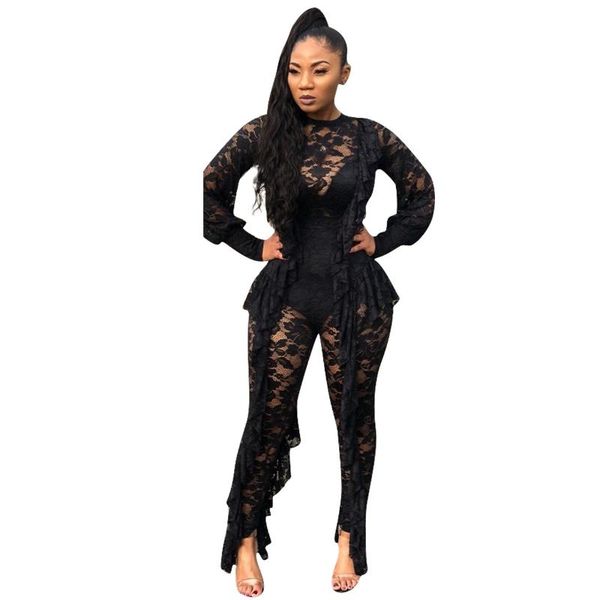 

women's jumpsuits & rompers 2021 long sleeve ruffles side lace see though o-neck leggings bodycon jumpsuit party club romper playsuit y, Black;white