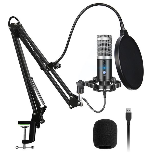 Profissional USB Condensador Microfone Gaming for Laptop Windows Cardioid Studio Gravação Voz Karaoke Microfono com Mic Stand