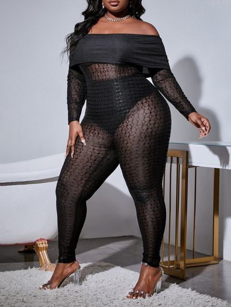 

sxy plus hollow out mesh unitard jumpsuit without underwear t2qm#, Black