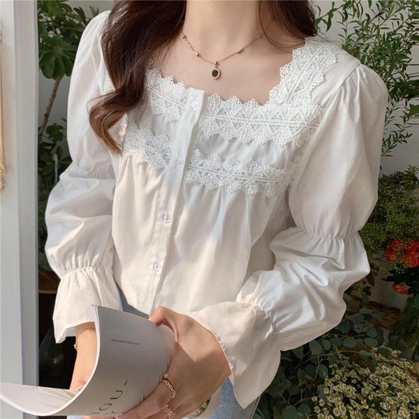 

women solid square collar button lace blouse office lady elegance lantern sleeve white shirts korean style t09116z women's blouses &