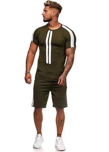 

men's tracksuits 2021 fall fitness short-sleeved suit outdoor sports and leisure color stripe suits, Gray