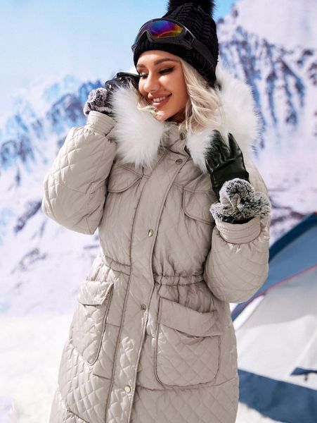 

zip up snap button fuzzy trim hooded quilted coat u6pe#, Black