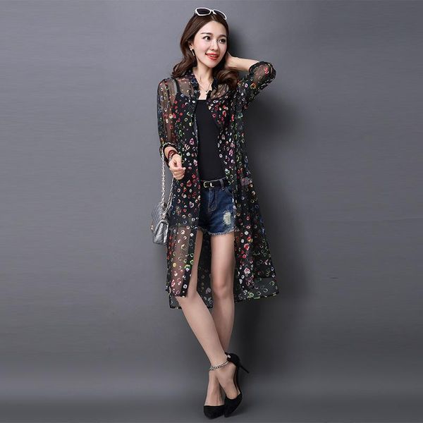 

sunscreen women's medium length chiffon cardigan thin 2021 korean printing loose and versatile shawl coat summer jackets, Black;brown