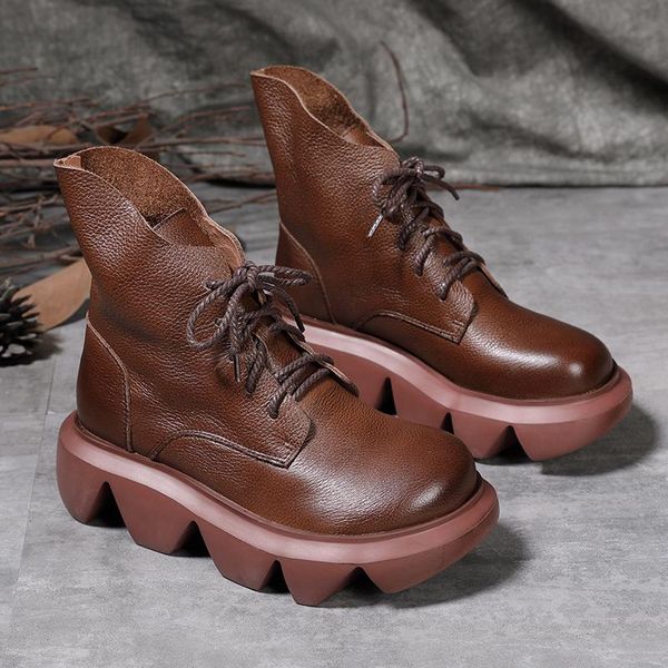 

boots 2021 autumn and winter retro thick-soled women's round head sponge cake layer cowhide, Black