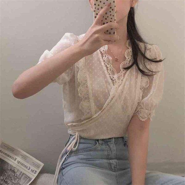 COMELSESSYY Summer Summer V-Neck Vintage Lace Camicie Femminile Polka Dot Ufficio Signora Singola Top Abbigliamento All Match Streetwear Blouses 210515