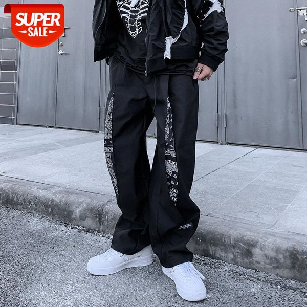 

wind cashew flower stitching casual trousers dark loose straight-leg pants hip-hop wide-leg #ng36, Black