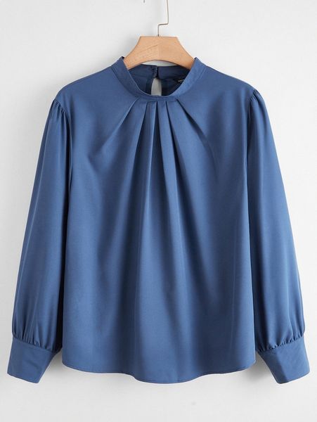 

plus solid ruched mock neck blouse k8at#, Black