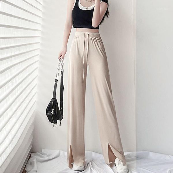 

women's pants & capris women wide-leg trousers loose elastic high waisted flared soft streetwear elegant office ladies with drawstring, Black;white