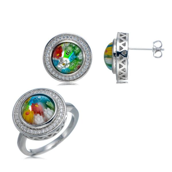 Ohrringe Halskette RIVERSTONE Lady Murano Glas Handgefertigter Millefiori-Ring und Ohrring-Set, rhodiniert, mehrfarbig, Cluster-Blume, Vintage